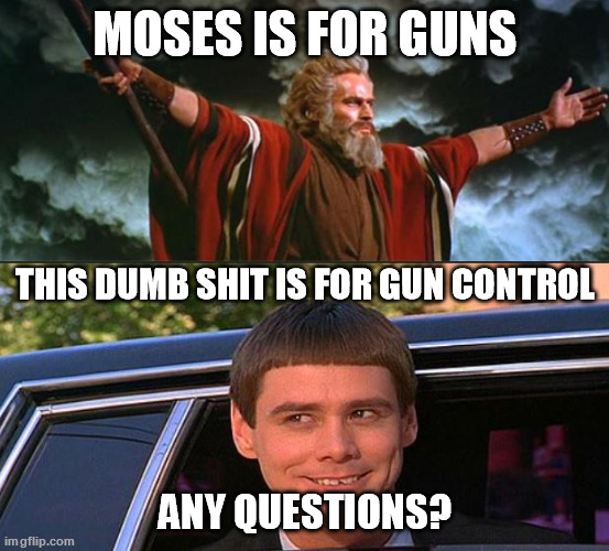 Moses vs fuk-wit | MOSES IS FOR GUNS; THIS DUMB SHIT IS FOR GUN CONTROL; ANY QUESTIONS? | image tagged in gun control,charlton heston | made w/ Imgflip meme maker