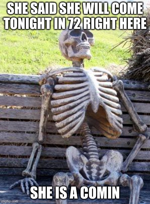 72' | SHE SAID SHE WILL COME TONIGHT IN 72 RIGHT HERE; SHE IS A COMIN | image tagged in memes,waiting skeleton | made w/ Imgflip meme maker