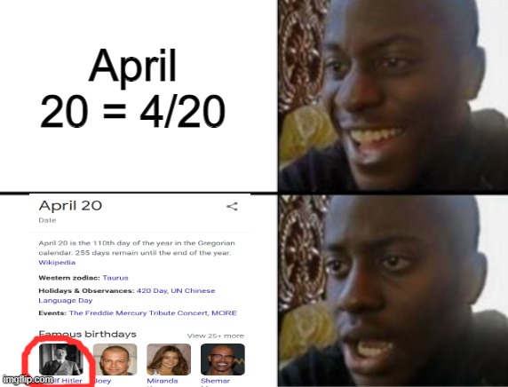 4/20 | April 20 = 4/20 | image tagged in oh yeah oh no,fun,memes,oh wow are you actually reading these tags,hitler,420 | made w/ Imgflip meme maker