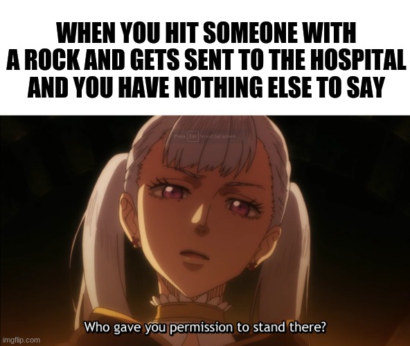 WHEN YOU HIT SOMEONE WITH A ROCK AND GETS SENT TO THE HOSPITAL AND YOU HAVE NOTHING ELSE TO SAY | image tagged in black clover,who gave you permission to stand there | made w/ Imgflip meme maker