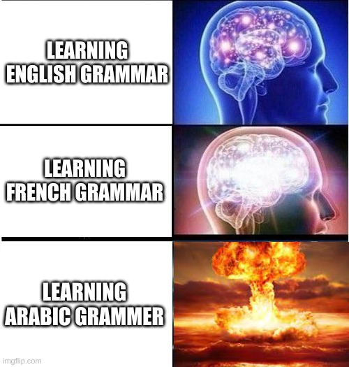 Those learning would know | LEARNING ENGLISH GRAMMAR; LEARNING FRENCH GRAMMAR; LEARNING ARABIC GRAMMER | image tagged in expanding brain 3 panels | made w/ Imgflip meme maker