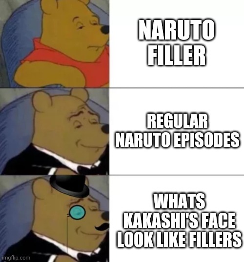They should have made a whole ark about it | NARUTO FILLER; REGULAR NARUTO EPISODES; WHATS KAKASHI'S FACE LOOK LIKE FILLERS | image tagged in fancy pooh,naruto,naruto shippuden,kakashi,anime | made w/ Imgflip meme maker