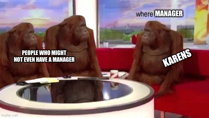 More Karens memes, sorry couldn't think of anything else | MANAGER; KARENS; PEOPLE WHO MIGHT NOT EVEN HAVE A MANAGER | image tagged in where banana,memes,karen | made w/ Imgflip meme maker