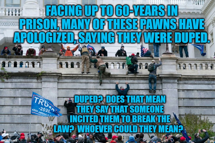 Consequences?  We Didn't Sign Up For Consequences! | FACING UP TO 60-YEARS IN PRISON, MANY OF THESE PAWNS HAVE APOLOGIZED, SAYING THEY WERE DUPED. DUPED?  DOES THAT MEAN THEY SAY THAT SOMEONE INCITED THEM TO BREAK THE LAW?  WHOEVER COULD THEY MEAN? | image tagged in politics | made w/ Imgflip meme maker