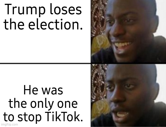 Wait, that means....  THERE ARE TOO MANY TIKTOKERS! | Trump loses the election. He was the only one to stop TikTok. | image tagged in oh yeah oh no,trump,funny,gifs,this is not a gif,read the title | made w/ Imgflip meme maker