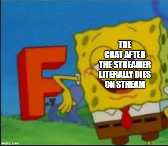 twitch chat be like | THE CHAT AFTER THE STREAMER LITERALLY DIES ON STREAM | image tagged in f | made w/ Imgflip meme maker