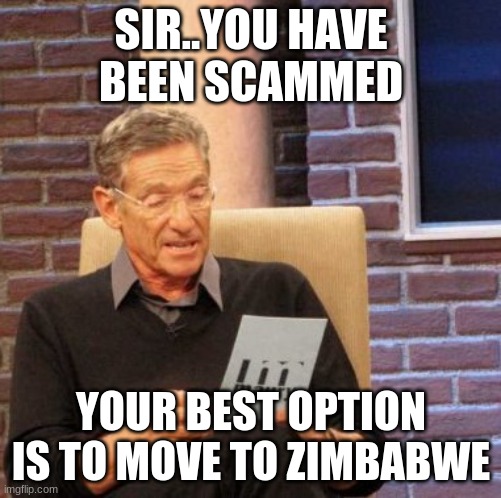 Maury Lie Detector Meme | SIR..YOU HAVE BEEN SCAMMED; YOUR BEST OPTION IS TO MOVE TO ZIMBABWE | image tagged in memes,maury lie detector | made w/ Imgflip meme maker