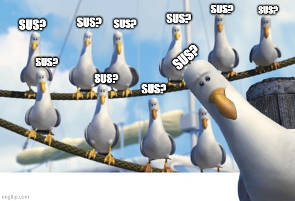 Finding Nemo Seagulls | SUS? SUS? SUS? SUS? SUS? SUS? SUS? SUS? SUS? SUS? | image tagged in finding nemo seagulls | made w/ Imgflip meme maker