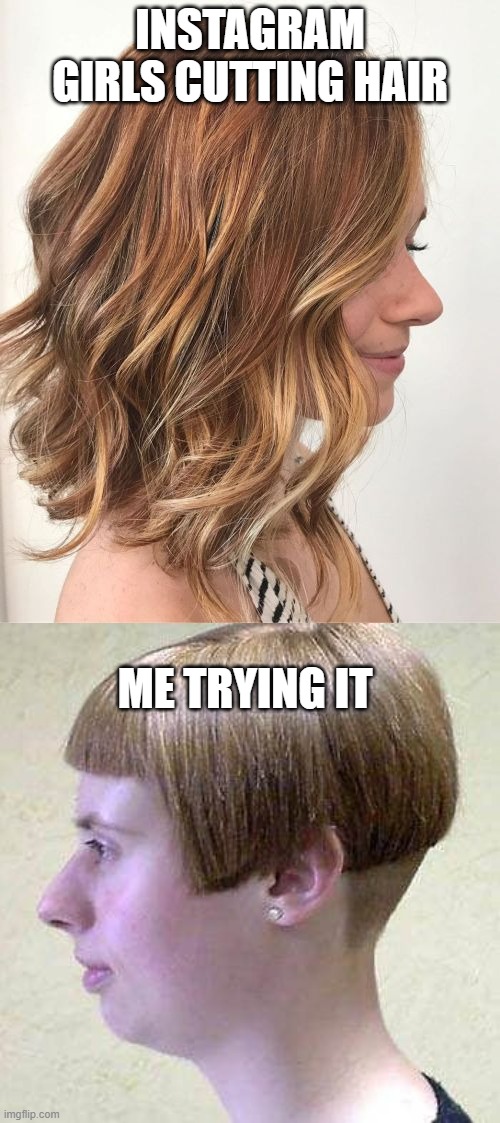 lol | INSTAGRAM GIRLS CUTTING HAIR; ME TRYING IT | image tagged in the struggle is real | made w/ Imgflip meme maker
