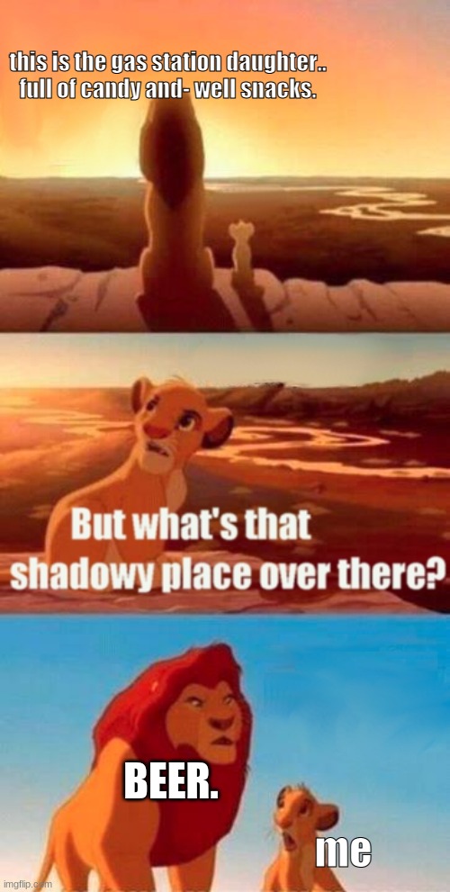 Simba Shadowy Place | this is the gas station daughter.. full of candy and- well snacks. BEER. me | image tagged in memes,simba shadowy place | made w/ Imgflip meme maker