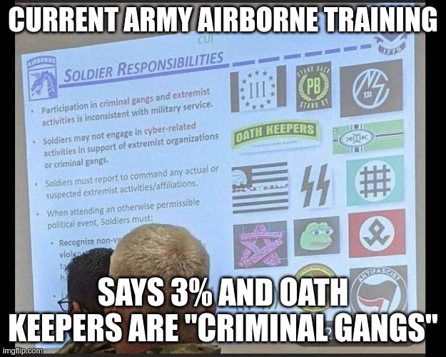 I just got this from an associate | CURRENT ARMY AIRBORNE TRAINING; SAYS 3% AND OATH KEEPERS ARE "CRIMINAL GANGS" | image tagged in civil war,cancel culture | made w/ Imgflip meme maker