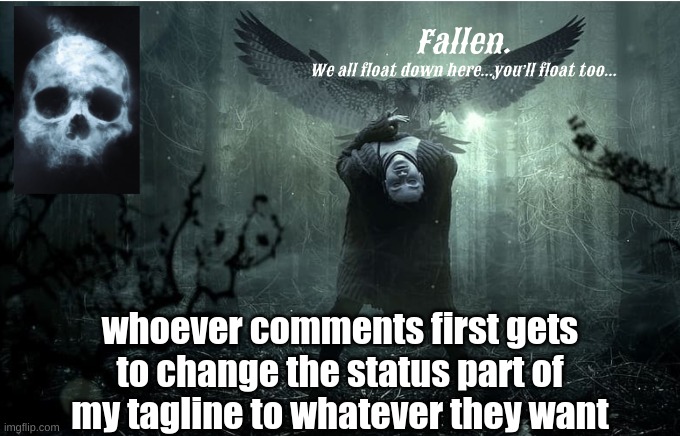 nothing NSFW | whoever comments first gets to change the status part of my tagline to whatever they want | image tagged in fallen | made w/ Imgflip meme maker