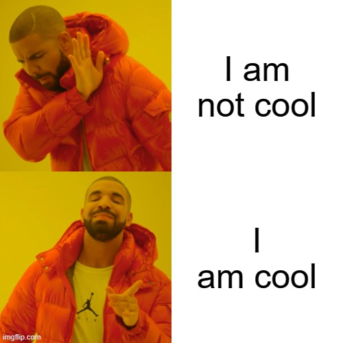 I am cool | I am not cool; I am cool | image tagged in memes,drake hotline bling | made w/ Imgflip meme maker