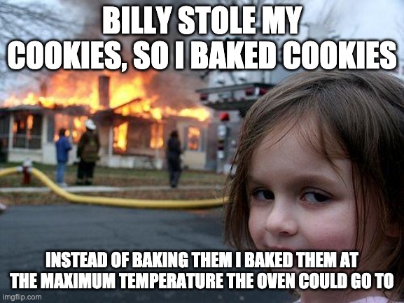 Disaster Girl Meme | BILLY STOLE MY COOKIES, SO I BAKED COOKIES INSTEAD OF BAKING THEM I BAKED THEM AT THE MAXIMUM TEMPERATURE THE OVEN COULD GO TO | image tagged in memes,disaster girl | made w/ Imgflip meme maker