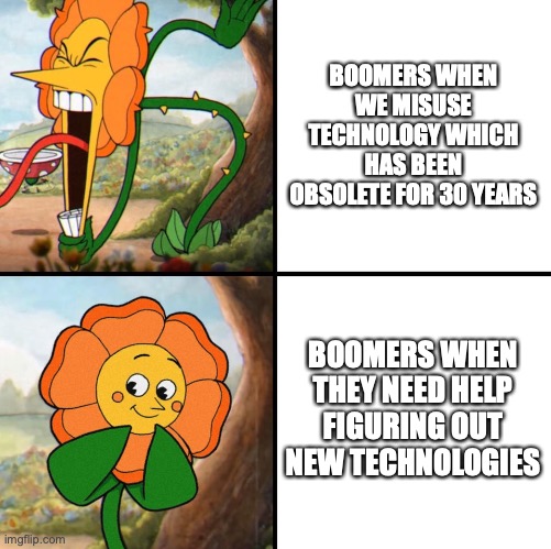 angry flower | BOOMERS WHEN WE MISUSE TECHNOLOGY WHICH HAS BEEN OBSOLETE FOR 30 YEARS; BOOMERS WHEN THEY NEED HELP FIGURING OUT NEW TECHNOLOGIES | image tagged in angry flower | made w/ Imgflip meme maker