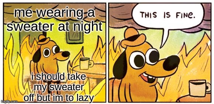 im lazy | me wearing a sweater at night; i should take my sweater off but im to lazy | image tagged in memes,this is fine | made w/ Imgflip meme maker