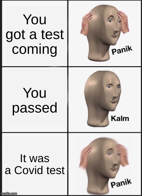 oh noes |  You got a test coming; You passed; It was a Covid test | image tagged in memes,panik kalm panik,covid-19,stay at home | made w/ Imgflip meme maker