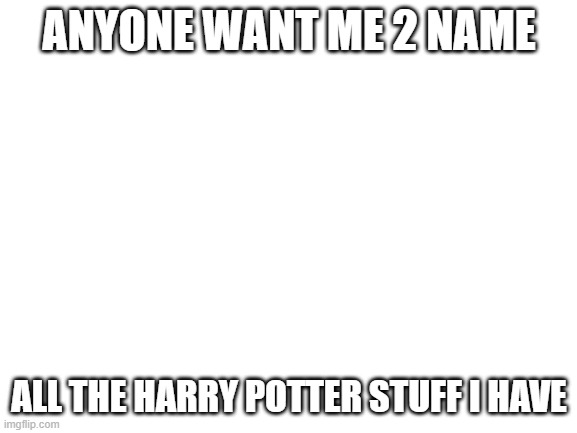harry potter | ANYONE WANT ME 2 NAME; ALL THE HARRY POTTER STUFF I HAVE | image tagged in blank white template | made w/ Imgflip meme maker