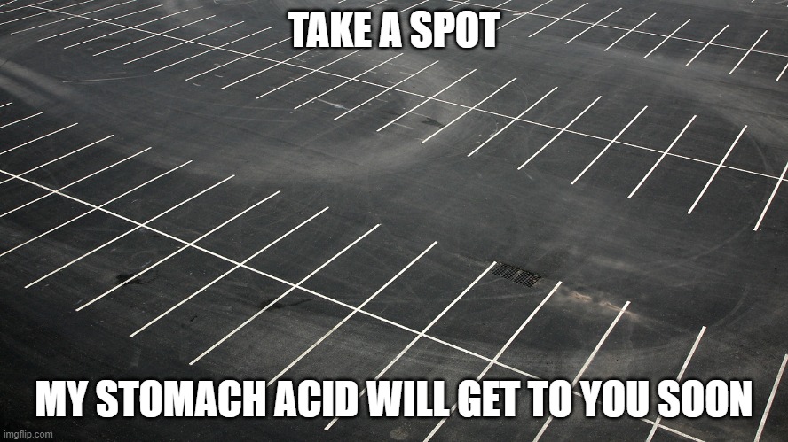empty parking lot | TAKE A SPOT MY STOMACH ACID WILL GET TO YOU SOON | image tagged in empty parking lot | made w/ Imgflip meme maker