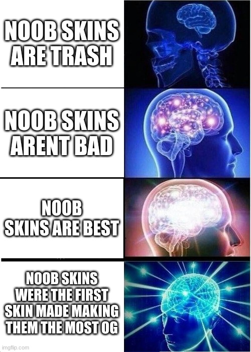 Expanding Brain | NOOB SKINS ARE TRASH; NOOB SKINS ARENT BAD; NOOB SKINS ARE BEST; NOOB SKINS WERE THE FIRST SKIN MADE MAKING THEM THE MOST OG | image tagged in memes,expanding brain | made w/ Imgflip meme maker