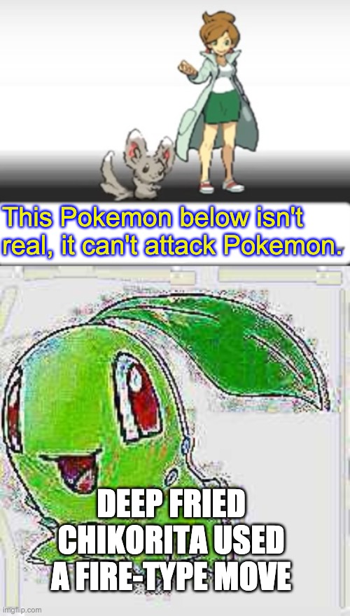 This Pokemon below isn't real, it can't attack Pokemon. DEEP FRIED CHIKORITA USED A FIRE-TYPE MOVE | image tagged in professor juniper,deep fried chikorita | made w/ Imgflip meme maker