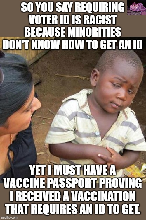 I swear the left's hypocrisy knows no bounds. Do they even listen to what they are saying? | SO YOU SAY REQUIRING VOTER ID IS RACIST BECAUSE MINORITIES DON'T KNOW HOW TO GET AN ID; YET I MUST HAVE A VACCINE PASSPORT PROVING I RECEIVED A VACCINATION THAT REQUIRES AN ID TO GET. | image tagged in memes,third world skeptical kid | made w/ Imgflip meme maker