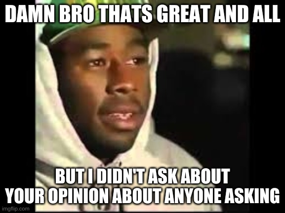 Okay? | DAMN BRO THATS GREAT AND ALL; BUT I DIDN'T ASK ABOUT YOUR OPINION ABOUT ANYONE ASKING | image tagged in okay | made w/ Imgflip meme maker