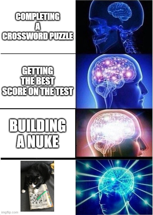 crossword cat | COMPLETING A CROSSWORD PUZZLE; GETTING THE BEST SCORE ON THE TEST; BUILDING A NUKE | image tagged in memes,expanding brain | made w/ Imgflip meme maker