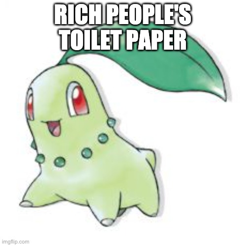 Chikorita | RICH PEOPLE'S TOILET PAPER | image tagged in chikorita | made w/ Imgflip meme maker