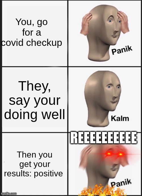 Covid results.... REEEEEEE | You, go for a covid checkup; They, say your doing well; REEEEEEEEEE; Then you get your results: positive | image tagged in memes,panik kalm panik | made w/ Imgflip meme maker