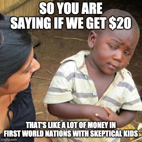 Third World Skeptical Kid Meme | SO YOU ARE SAYING IF WE GET $20 THAT'S LIKE A LOT OF MONEY IN FIRST WORLD NATIONS WITH SKEPTICAL KIDS | image tagged in memes,third world skeptical kid | made w/ Imgflip meme maker