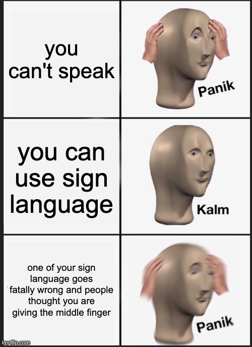 Panik Kalm Panik Meme | you can't speak you can use sign language one of your sign language goes fatally wrong and people thought you are giving the middle finger | image tagged in memes,panik kalm panik | made w/ Imgflip meme maker