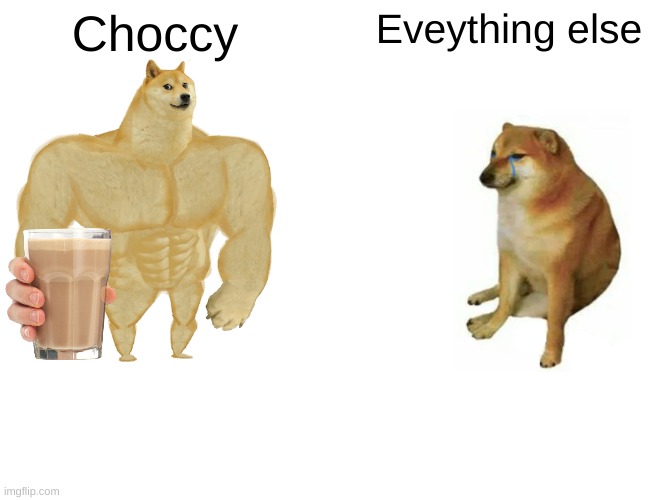 choccy milk is ruler. | Choccy; Eveything else | image tagged in memes,buff doge vs cheems,choccy milk | made w/ Imgflip meme maker