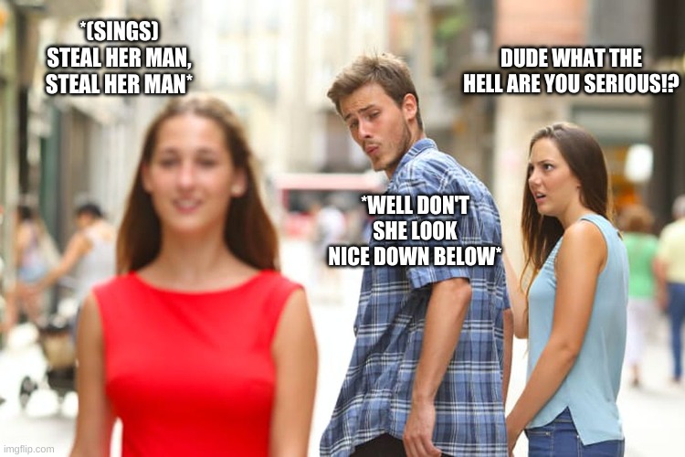 Distracted Boyfriend | *(SINGS) STEAL HER MAN, STEAL HER MAN*; DUDE WHAT THE HELL ARE YOU SERIOUS!? *WELL DON'T SHE LOOK NICE DOWN BELOW* | image tagged in memes,distracted boyfriend | made w/ Imgflip meme maker