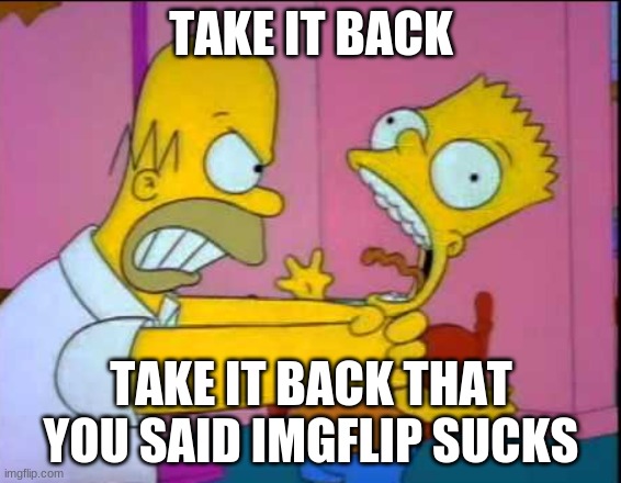 Homer strangling Bart | TAKE IT BACK; TAKE IT BACK THAT YOU SAID IMGFLIP SUCKS | image tagged in homer strangling bart | made w/ Imgflip meme maker