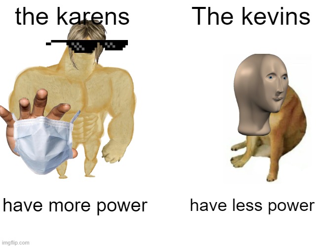 Buff Doge vs. Cheems | the karens; The kevins; have more power; have less power | image tagged in memes,buff doge vs cheems | made w/ Imgflip meme maker