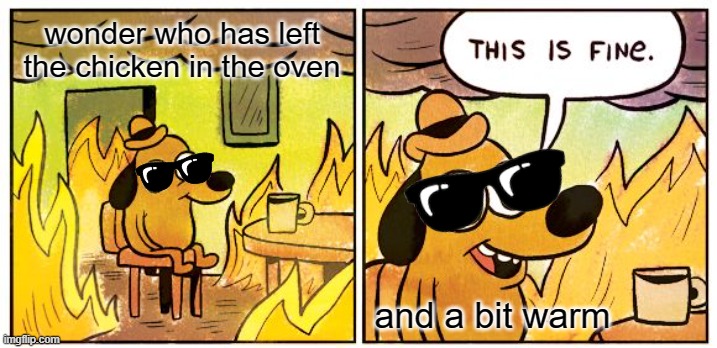 This Is Fine Meme | wonder who has left the chicken in the oven; and a bit warm | image tagged in memes,this is fine | made w/ Imgflip meme maker