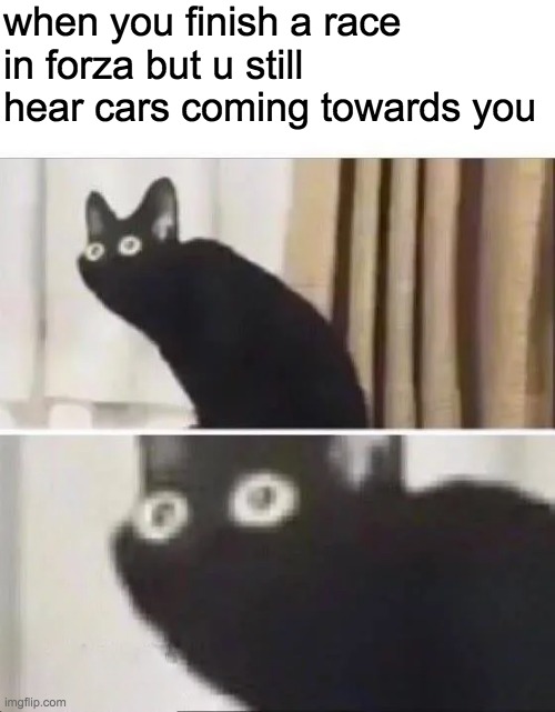 bye bye | when you finish a race in forza but u still hear cars coming towards you | image tagged in oh no black cat | made w/ Imgflip meme maker