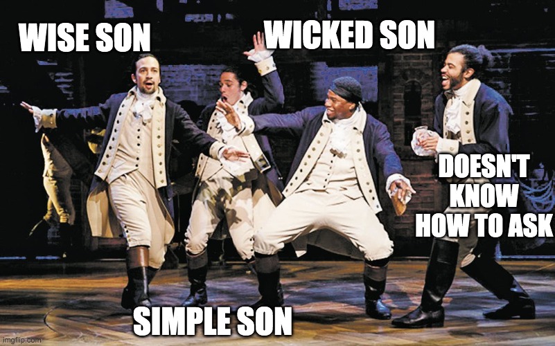 Raise a Glass to the 4 Sons | WICKED SON; WISE SON; DOESN'T KNOW HOW TO ASK; SIMPLE SON | image tagged in hamilton,passover,seder | made w/ Imgflip meme maker