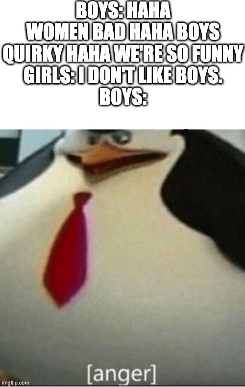Men nowadays are either sexist, incels, or neckbeards. | BOYS: HAHA WOMEN BAD HAHA BOYS QUIRKY HAHA WE'RE SO FUNNY
GIRLS: I DON'T LIKE BOYS.
BOYS: | image tagged in anger | made w/ Imgflip meme maker