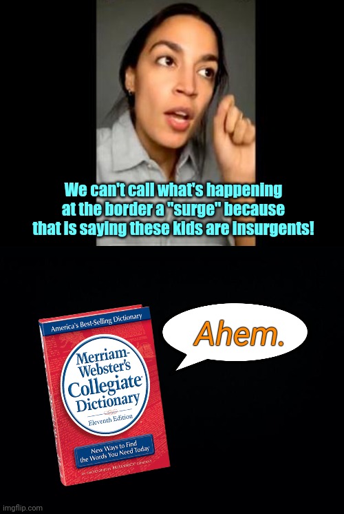AOC tries to redefine the definition of "surge" | We can't call what's happening at the border a "surge" because that is saying these kids are insurgents! Ahem. | image tagged in aoc,ignorance,playing the race card,alexandria ocasio-cortez,surge,border crisis | made w/ Imgflip meme maker