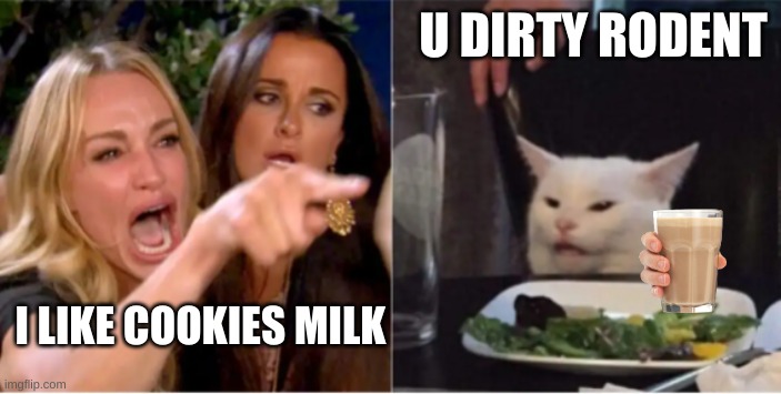 the murder | U DIRTY RODENT; I LIKE COOKIES MILK | image tagged in women gone crazy | made w/ Imgflip meme maker