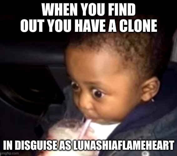 0.0 | WHEN YOU FIND OUT YOU HAVE A CLONE; IN DISGUISE AS LUNASHIAFLAMEHEART | image tagged in uh oh drinking kid | made w/ Imgflip meme maker