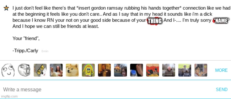 Can somebody please tell me how much of an asshole from a scale of 1-10 I sound like in this? (please) | *NAME*; THING | made w/ Imgflip meme maker