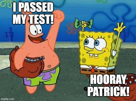 hooray for lying | I PASSED MY TEST! HOORAY PATRICK! | image tagged in hooray for lying | made w/ Imgflip meme maker