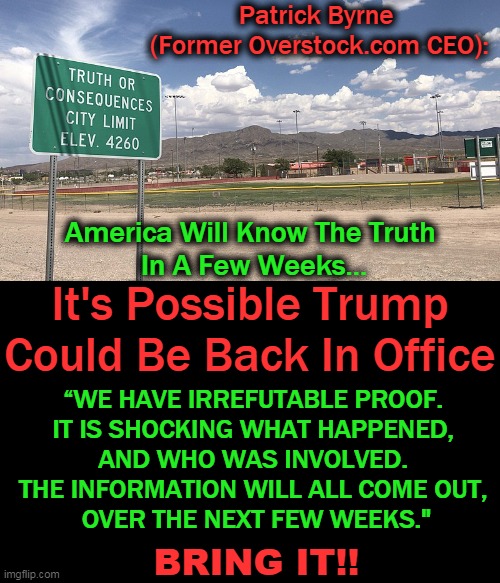 “No one will be able to say this is not true.”  Byrne | Patrick Byrne 
(Former Overstock.com CEO):; America Will Know The Truth 
In A Few Weeks... It's Possible Trump Could Be Back In Office; “WE HAVE IRREFUTABLE PROOF. 
IT IS SHOCKING WHAT HAPPENED, 
AND WHO WAS INVOLVED. 
THE INFORMATION WILL ALL COME OUT, 
OVER THE NEXT FEW WEEKS."; BRING IT!! | image tagged in politics,election 2020,information,donald trump,shocking,bring it | made w/ Imgflip meme maker