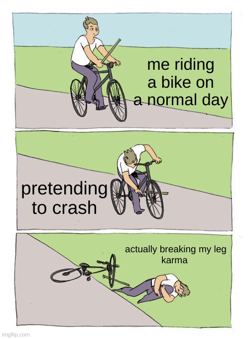 Bike Fall Meme | me riding a bike on a normal day; pretending to crash; actually breaking my leg


karma | image tagged in memes,bike fall | made w/ Imgflip meme maker