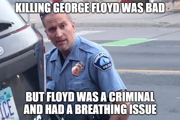 So Derek shouldn't get the entire blame, just a punishment and drop it from there | KILLING GEORGE FLOYD WAS BAD; BUT FLOYD WAS A CRIMINAL AND HAD A BREATHING ISSUE | image tagged in derek chauvin,justice | made w/ Imgflip meme maker