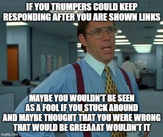 wow that was really cool | IF YOU TRUMPERS COULD KEEP RESPONDING AFTER YOU ARE SHOWN LINKS; MAYBE YOU WOULDN'T BE SEEN AS A FOOL IF YOU STUCK AROUND AND MAYBE THOUGHT THAT YOU WERE WRONG
THAT WOULD BE GREEAAAT WOULDN'T IT | image tagged in memes,that would be great | made w/ Imgflip meme maker