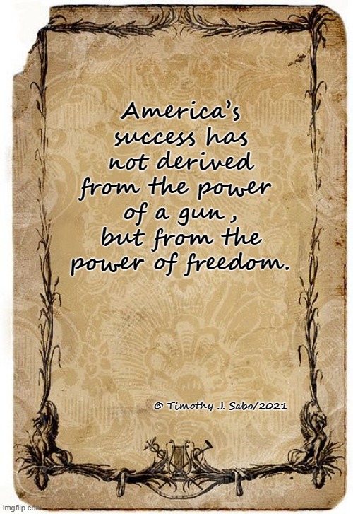 America's Success | America’s success has not derived from the power 
of a gun, but from the power of freedom. © Timothy J. Sabo/2021 | image tagged in america,power,freedom,guns,success | made w/ Imgflip meme maker
